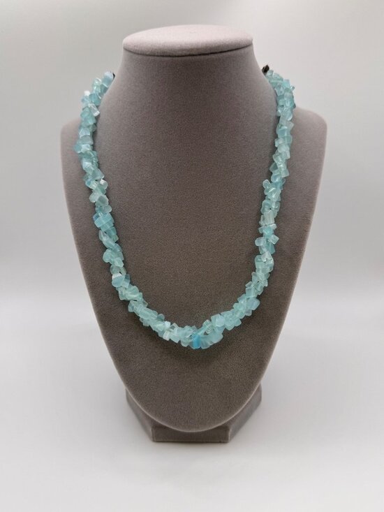 Unsigned Jewelry - Aqua Satin Glass Double Strand Necklace 20” Twisted Beaded Vintage Style